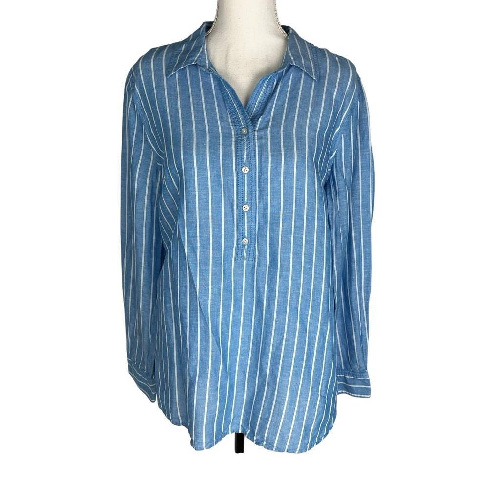 Talbots Blue Striped Popover Shirt Women's Size M Linen Blend